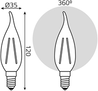 led лампа Gauss Filament Elementary CА35 Е14 8 Вт - размеры