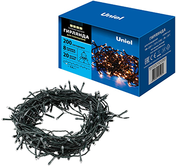 led гирлянда Uniel ULD-S2000-200/DGA Warm White IP20 - внешний вид + упаковка