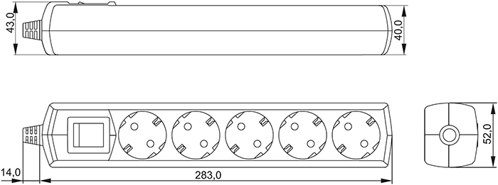 удлинитель 5-местный Generica, с з/к и выключателем, - размеры