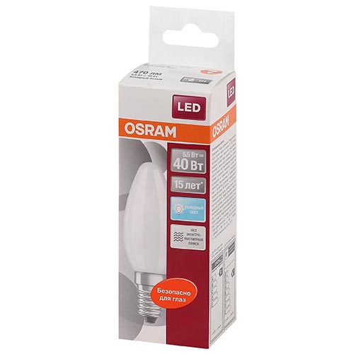 Лампа свд 220В E14 5Вт 4000К 470лм свеча B35 матовая Osram