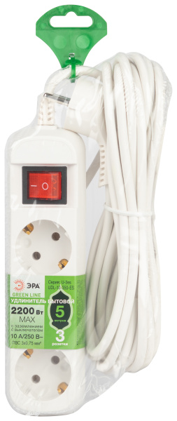 Удлинитель 3-мест 5м ПВС 3*0,75 белый выкл ЭРА  Greenline