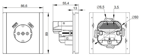 Фортепиано черный механизм розетки скрытая 1-мест заземление шторки USB IP20 