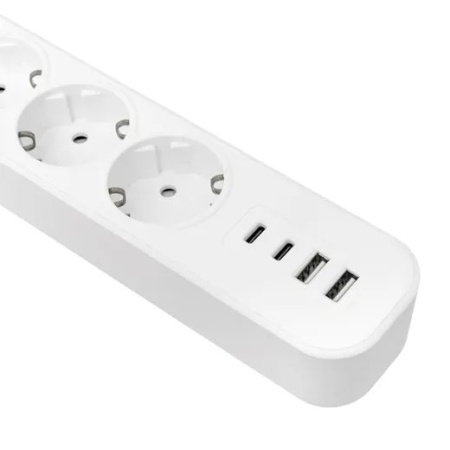 Удлинитель 5-мест 3м ПВС 3*1,5 белый выкл EKF  2USB 2,4А+2USBtype-С