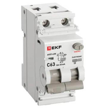Автоматический выключатель дифференциального тока АВДТ-63N 1P+N 63А 30мА характеристика C тип A электронный 6кА PROXIMA EKF