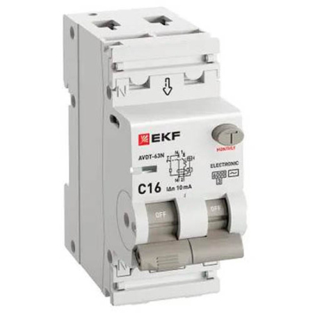 Дифавтомат 2Р 16А C тип AC 10мА 6кА 2мод АВДТ-63N EKF PROxima