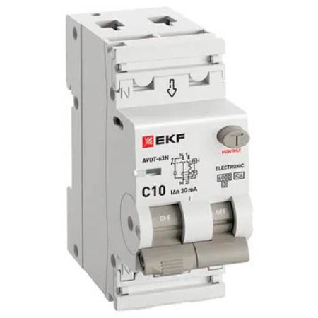 Дифавтомат 2Р 10А C тип A 30мА 6кА 2мод АВДТ-63N EKF PROxima