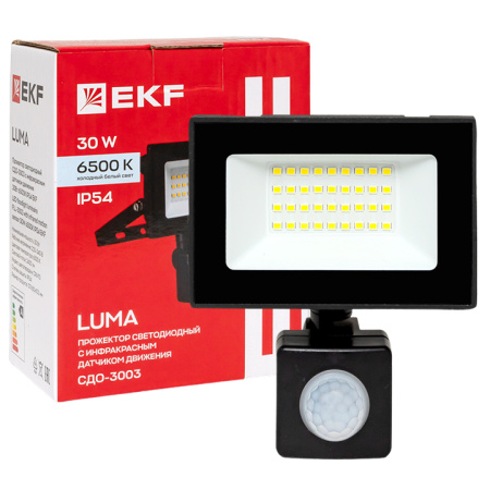 Прожектор свд 30Вт 6500К 2400лм черный IP65 110° Luma EKF датчик движения