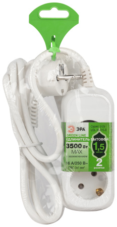 Удлинитель 2-мест 1,5м ПВС 3*1 белый ЭРА  Greenline