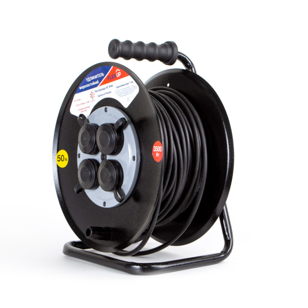 Удлинитель 4-мест 50м КГ 3*1,5 черный катушка металл IP44 PlexUp 3500Вт